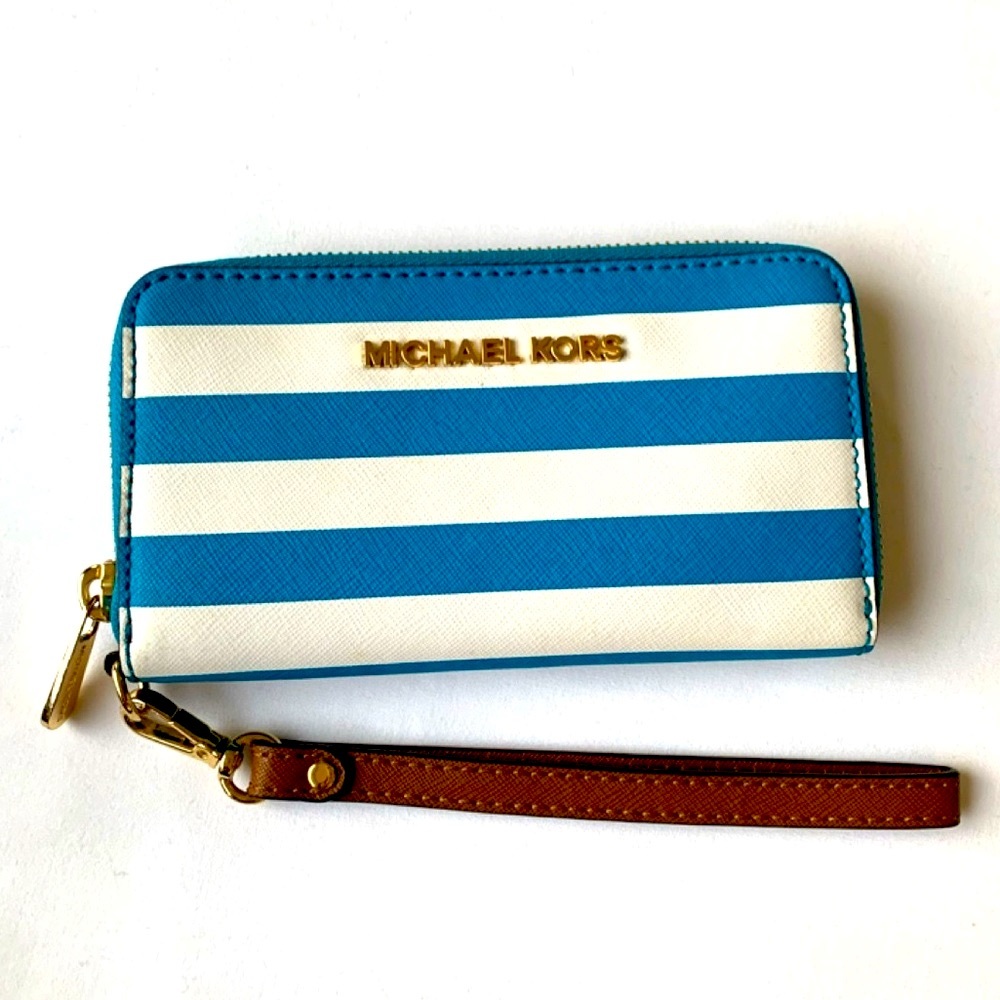 Michael Kors Turquoise & White Striped Wristlet